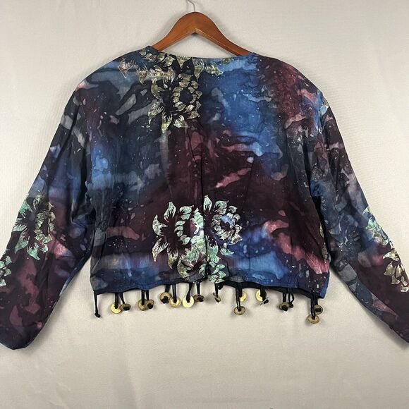 Bali Moon Vtg Cropped Jacket With Metal Button Tassle Boho Tie Dye Fire Dancer - Picture 5 of 8